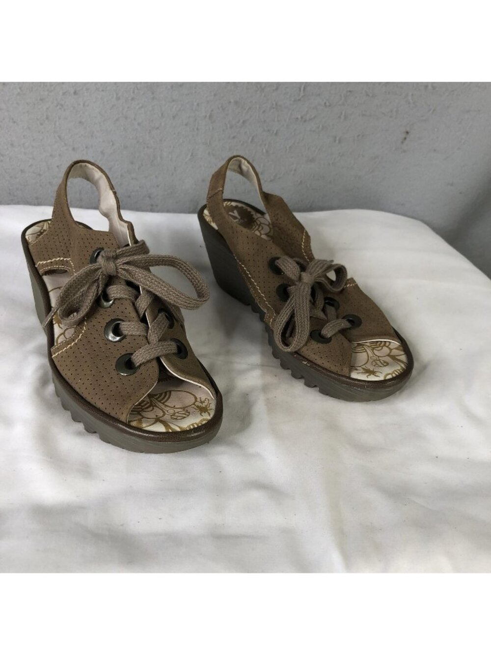 FLY London Sandals Womens Size 10 Brown Leather Lace Up Slingback Wedge Comfort